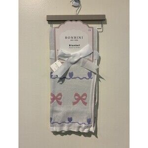 NWT Bonbini 38" x 28" Baby Blanket - Pink & Purple Bows/Flowers